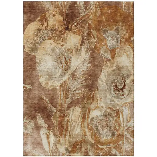 Orange And Beige Floral Washable Indoor Outdoor Area Rug Photo 2