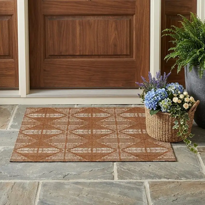 Orange And Beige Geometric Washable Indoor Outdoor Area Rug Photo 1
