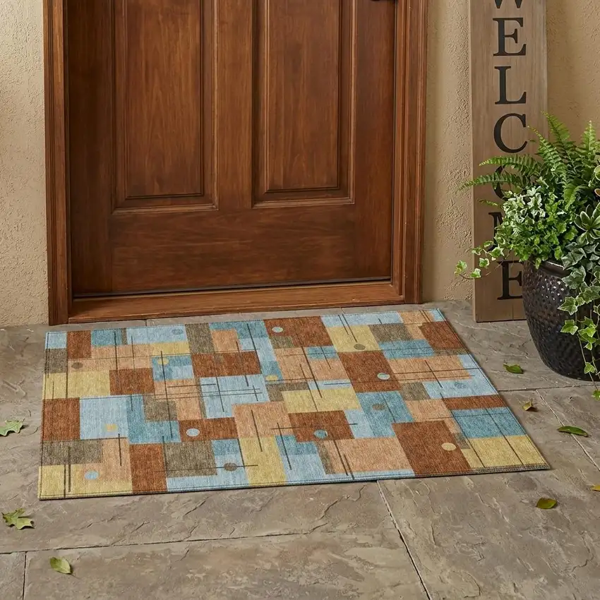 Orange And Beige Geometric Washable Indoor Outdoor Area Rug Photo 1