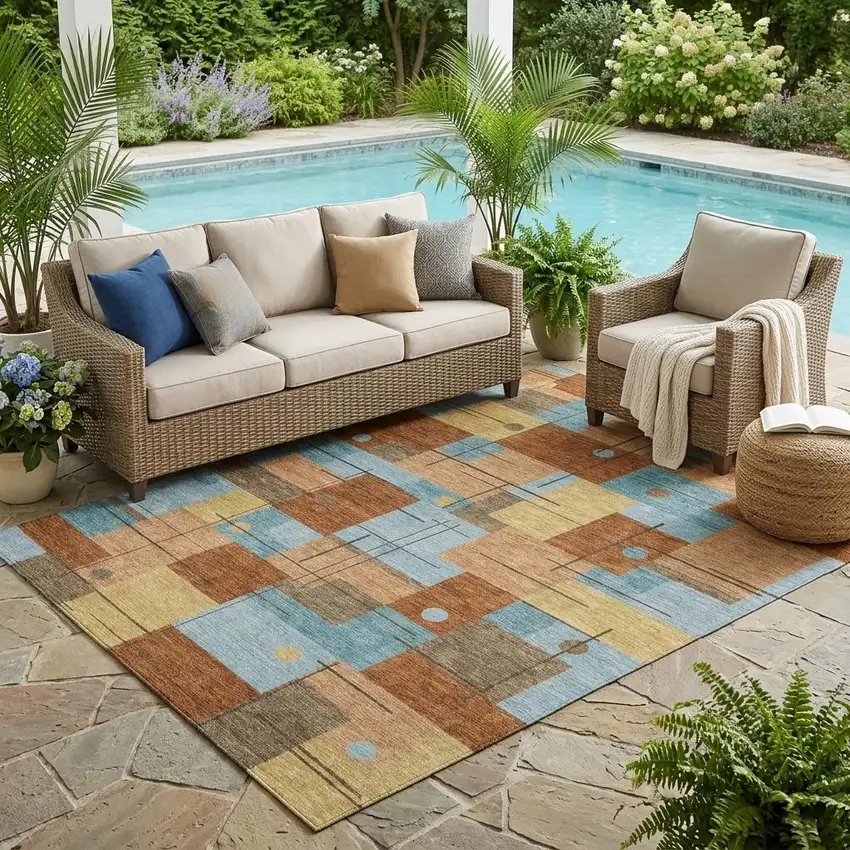 Orange And Beige Geometric Washable Indoor Outdoor Area Rug Photo 1