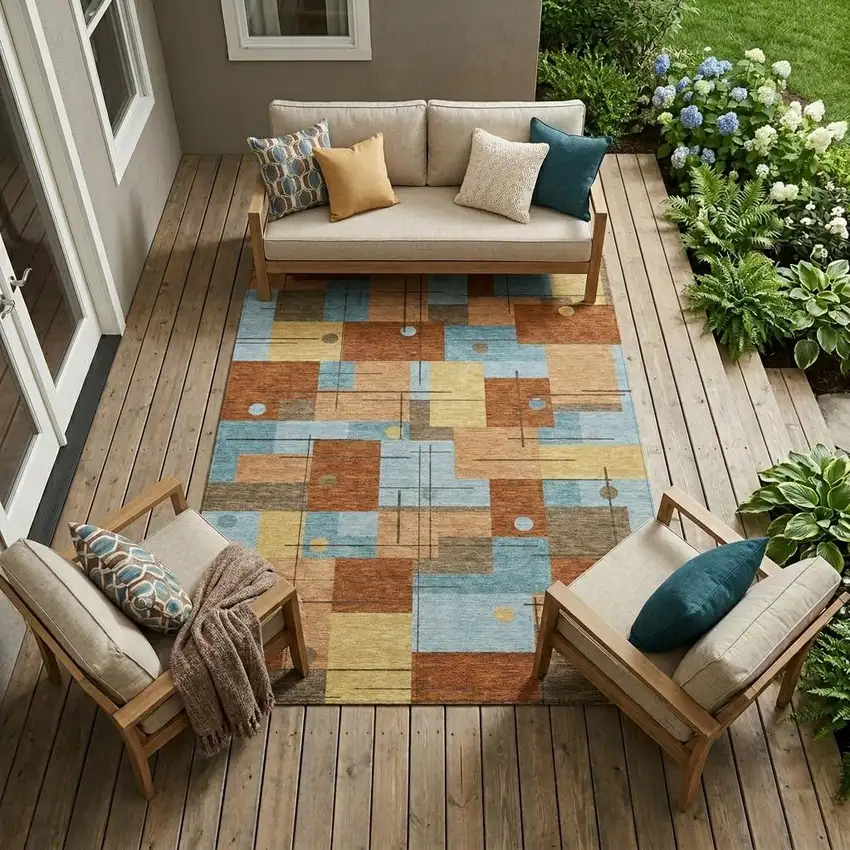 Orange And Beige Geometric Washable Indoor Outdoor Area Rug Photo 1