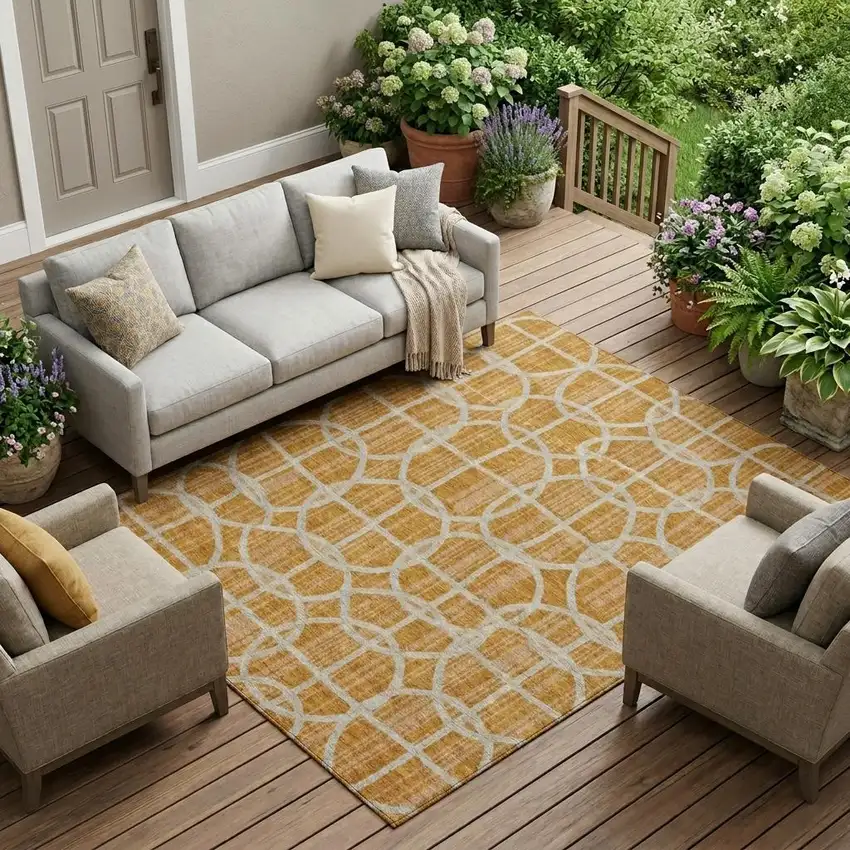 Orange And Beige Geometric Washable Indoor Outdoor Area Rug Photo 1