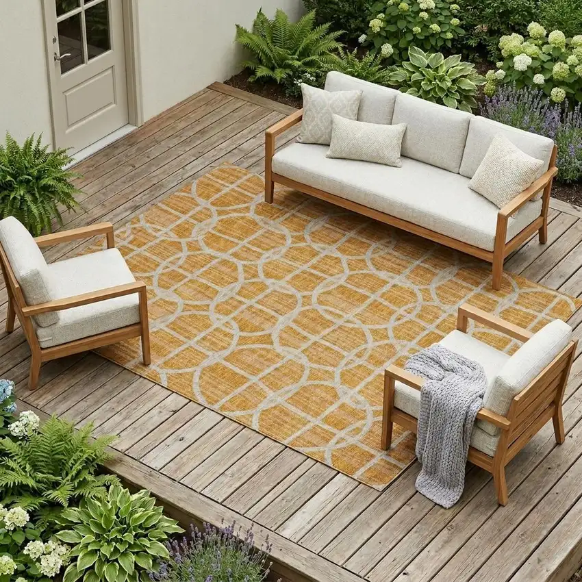 Orange And Beige Geometric Washable Indoor Outdoor Area Rug Photo 1