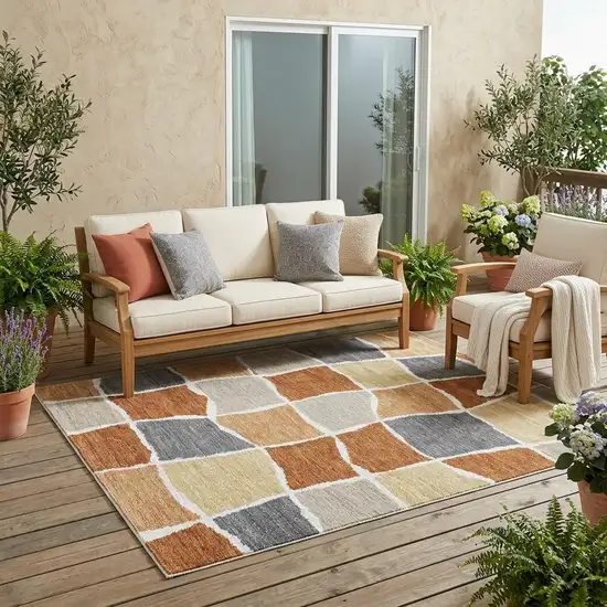 Orange And Beige Geometric Washable Indoor Outdoor Area Rug Photo 1