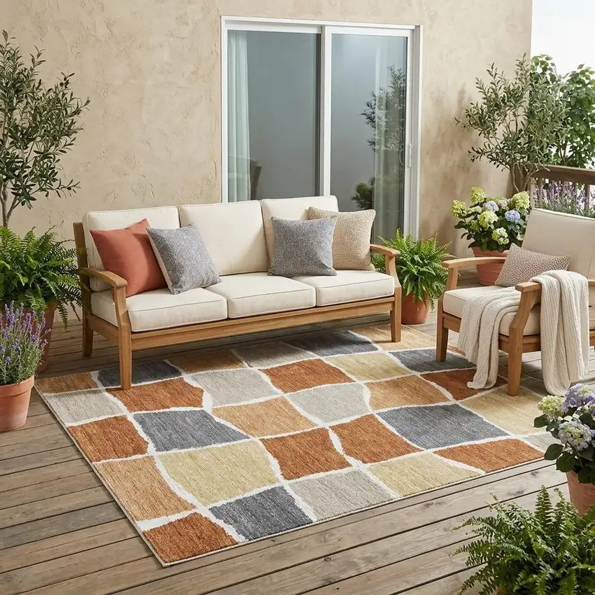 Orange And Beige Geometric Washable Indoor Outdoor Area Rug Photo 1