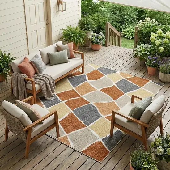 Orange And Beige Geometric Washable Indoor Outdoor Area Rug Photo 1