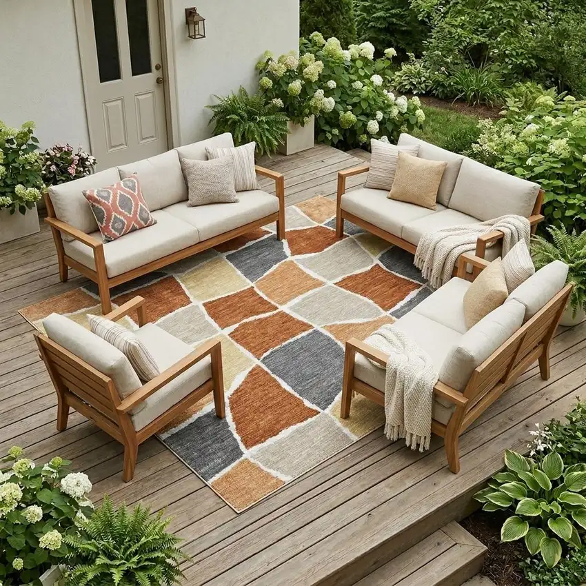 Orange And Beige Geometric Washable Indoor Outdoor Area Rug Photo 1