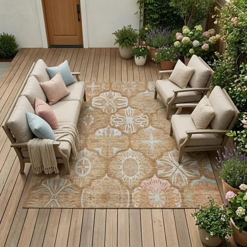 Orange And Beige Ogee Washable Indoor Outdoor Area Rug Photo 1