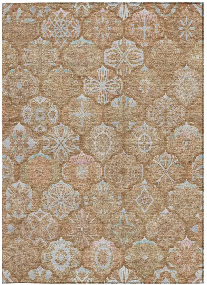 Orange And Beige Ogee Washable Indoor Outdoor Area Rug Photo 1