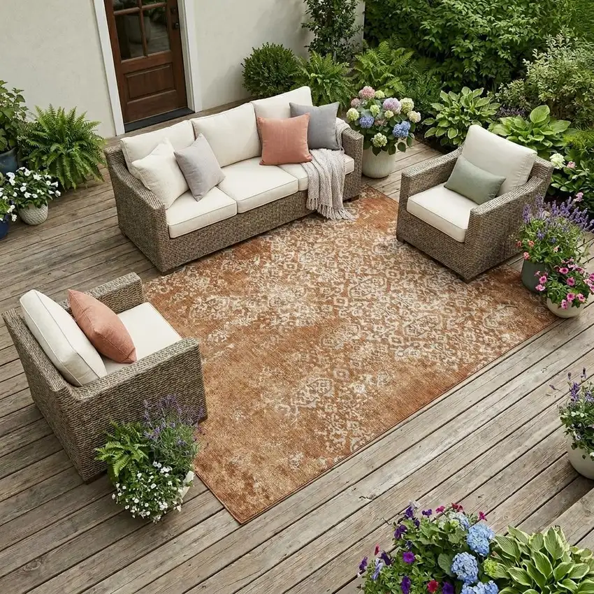 Orange And Beige Oriental Washable Indoor Outdoor Area Rug Photo 1