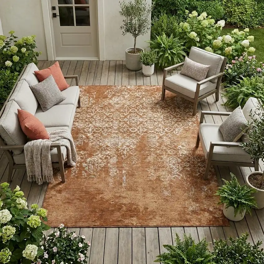 Orange And Beige Oriental Washable Indoor Outdoor Area Rug Photo 1