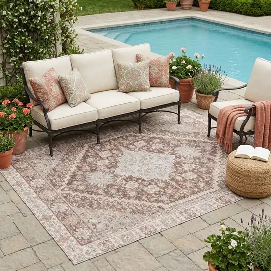 Orange And Beige Oriental Washable Indoor Outdoor Area Rug Photo 1