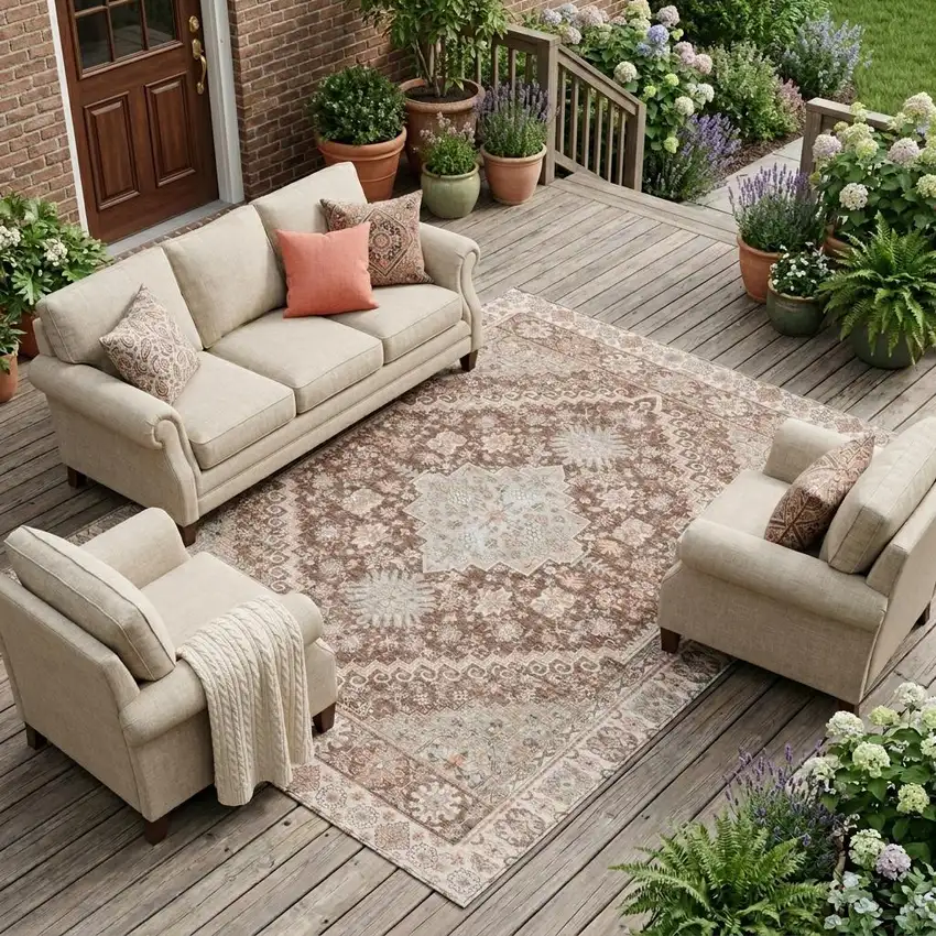 Orange And Beige Oriental Washable Indoor Outdoor Area Rug Photo 1