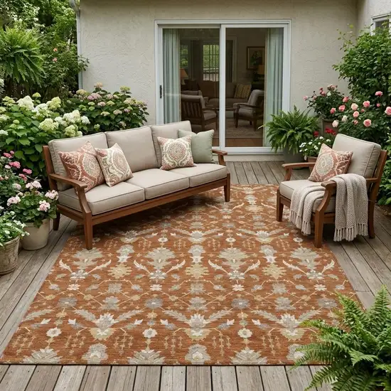 Orange And Beige Oriental Washable Indoor Outdoor Area Rug Photo 1