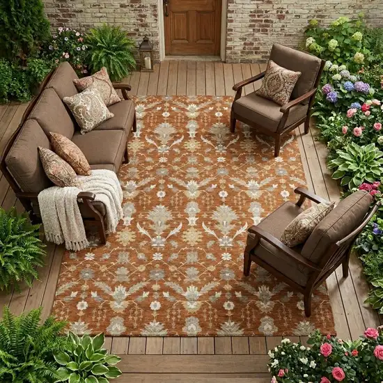 Orange And Beige Oriental Washable Indoor Outdoor Area Rug Photo 1