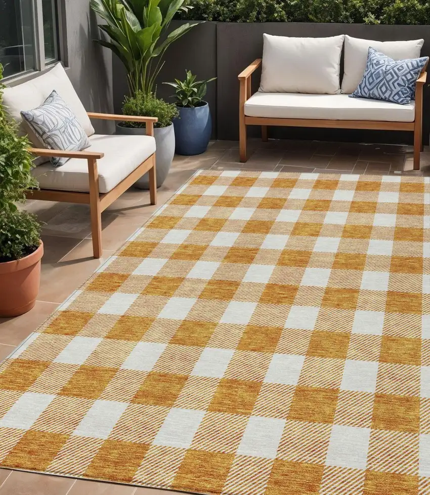 Orange And Beige Plaid Washable Indoor Outdoor Area Rug Photo 1