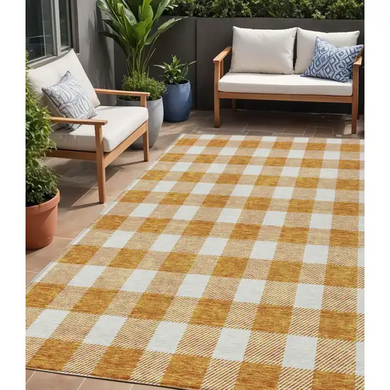 Orange And Beige Plaid Washable Indoor Outdoor Area Rug Photo 1