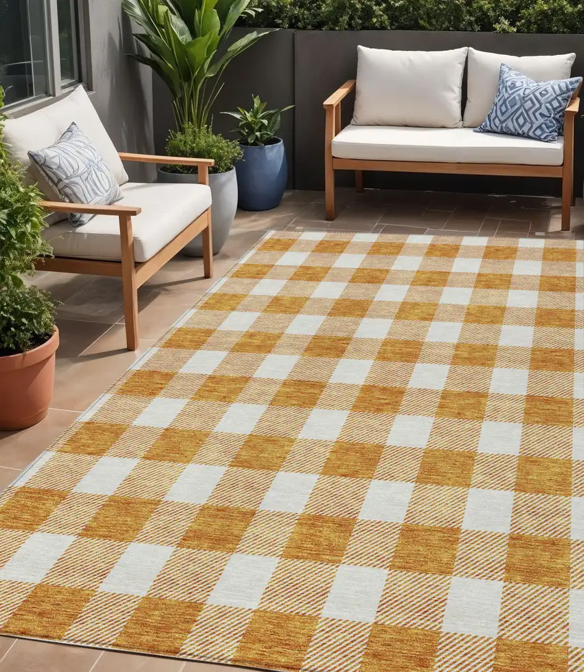 Orange And Beige Plaid Washable Indoor Outdoor Area Rug Photo 1