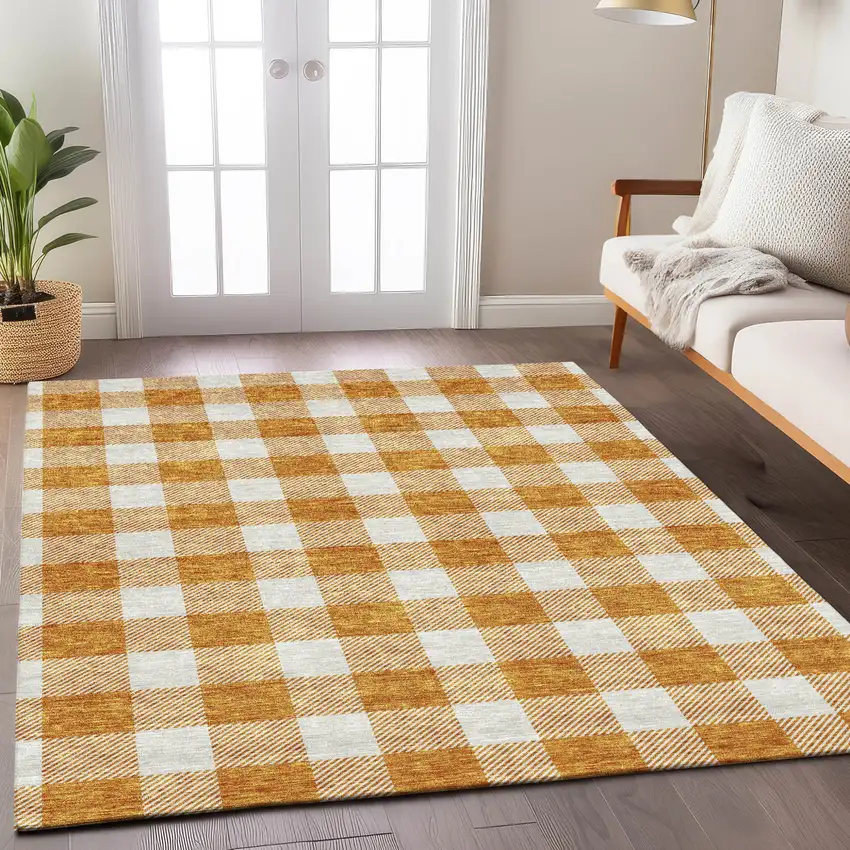 Orange And Beige Plaid Washable Indoor Outdoor Area Rug Photo 9