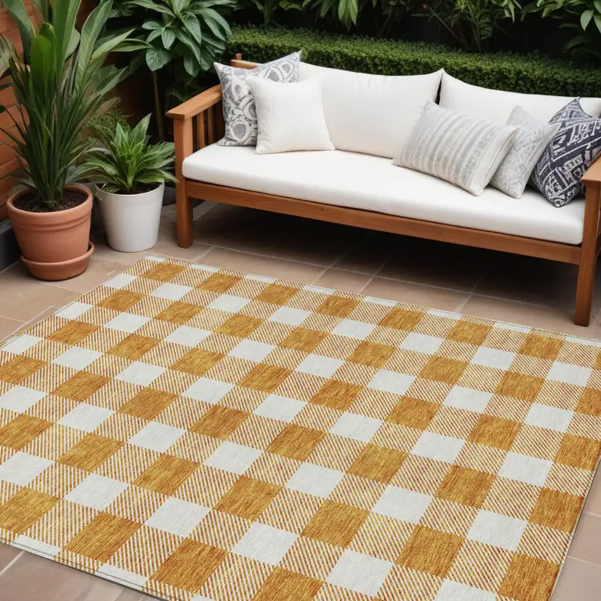 Orange And Beige Plaid Washable Indoor Outdoor Area Rug Photo 1