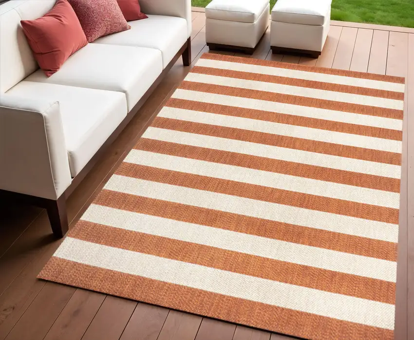 Orange And Beige Striped Indoor Outdoor Area Rug Photo 1