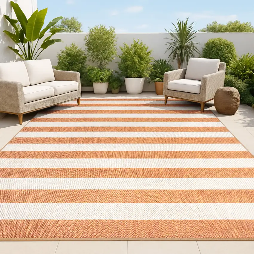 Orange And Beige Striped Indoor Outdoor Area Rug Photo 4