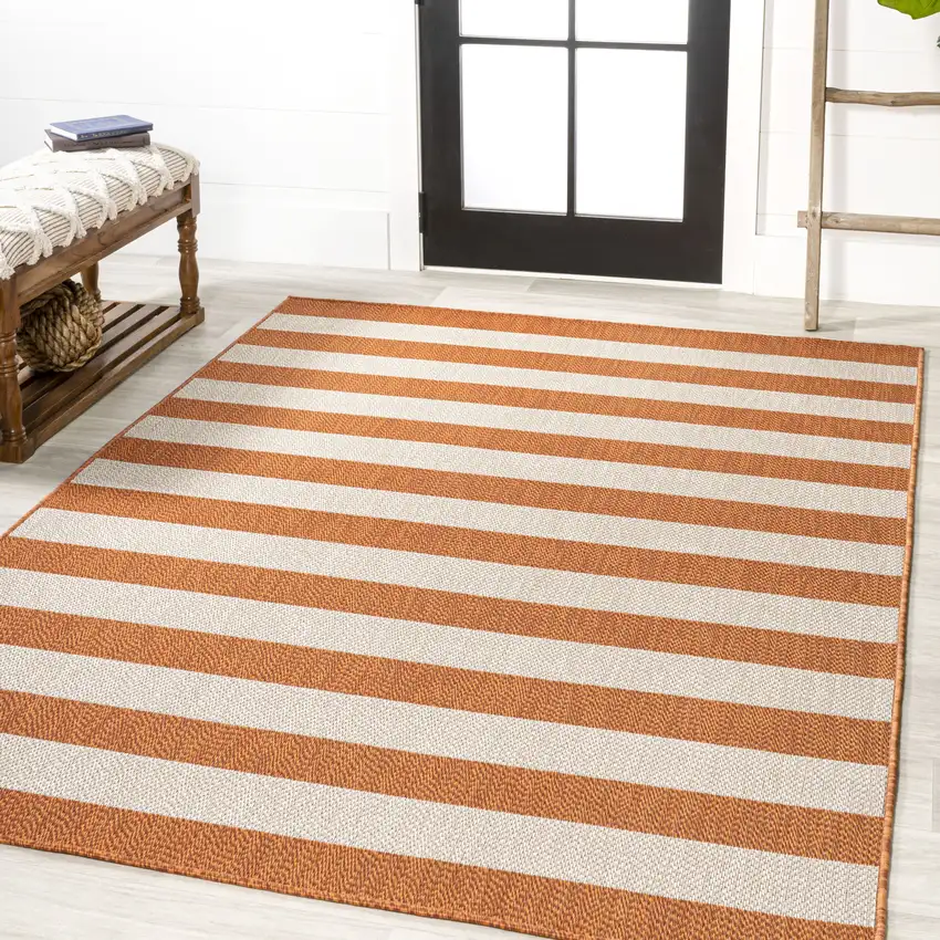 Orange And Beige Striped Indoor Outdoor Area Rug Photo 5