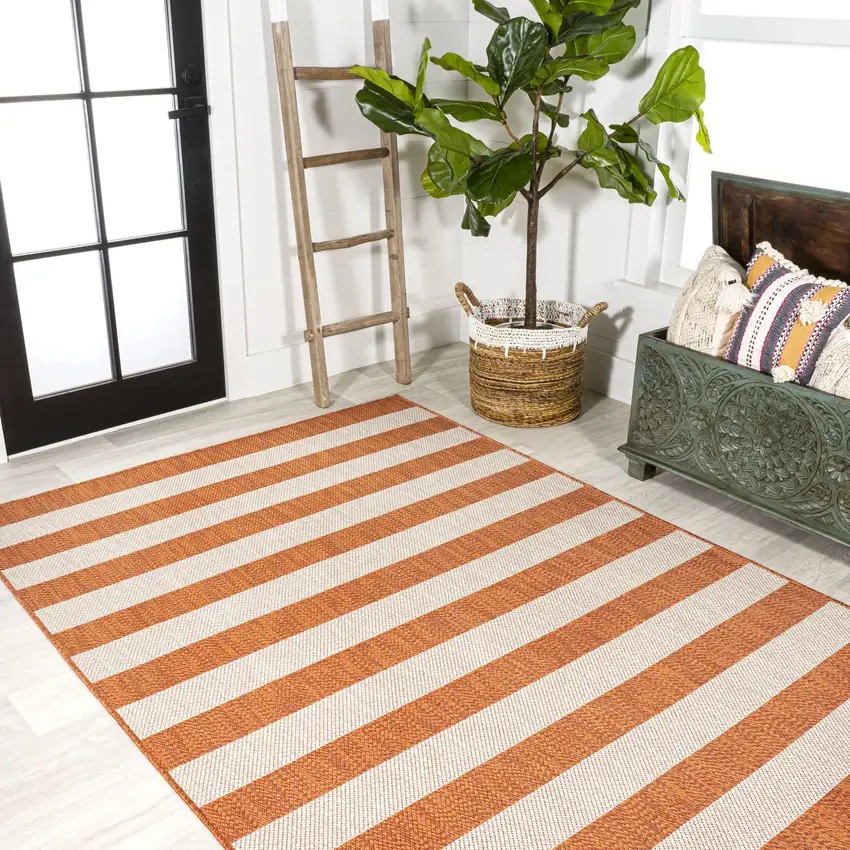 Orange And Beige Striped Indoor Outdoor Area Rug Photo 7
