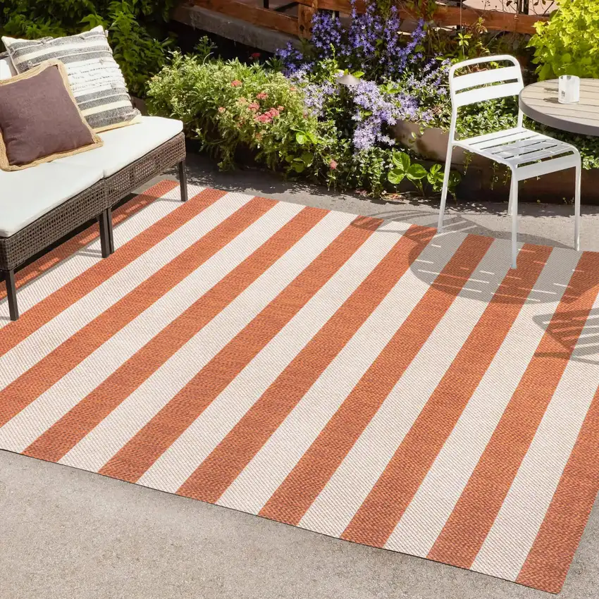 Orange And Beige Striped Indoor Outdoor Area Rug Photo 9