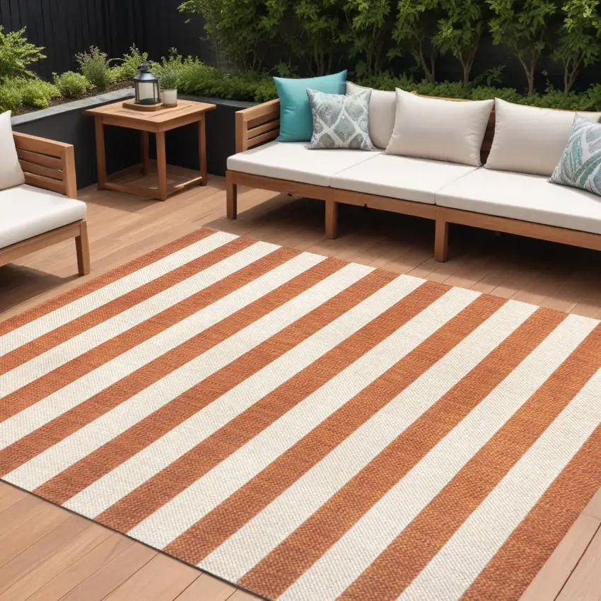 Orange And Beige Striped Indoor Outdoor Area Rug Photo 1
