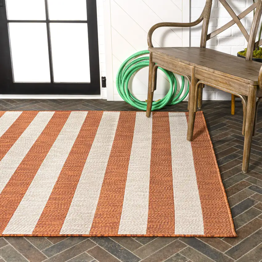 Orange And Beige Striped Indoor Outdoor Area Rug Photo 9