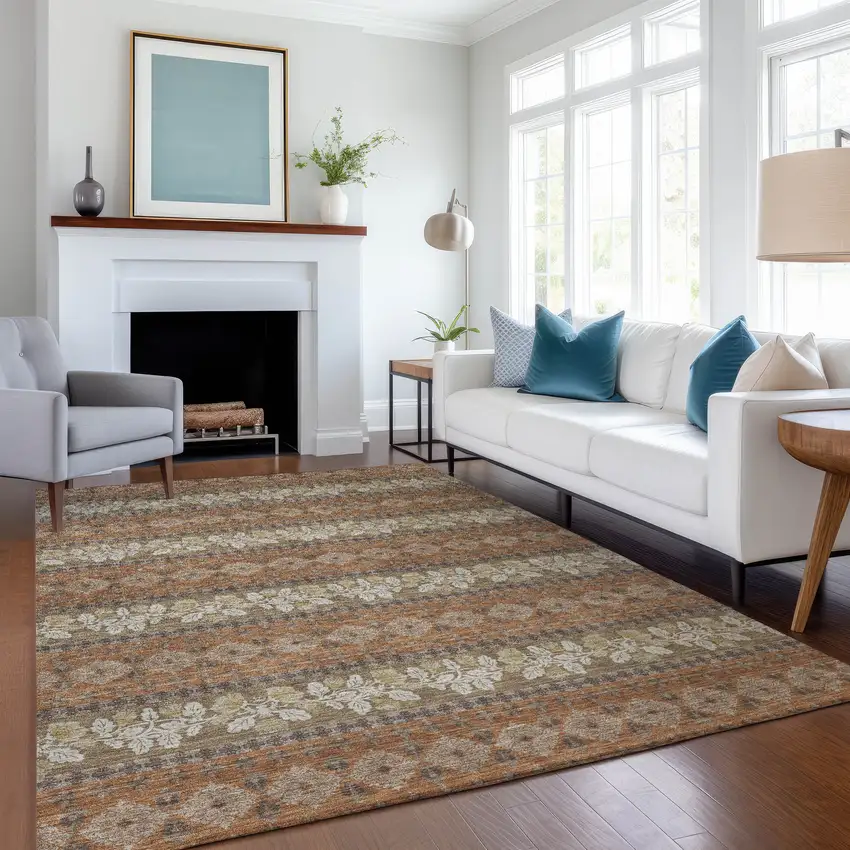 Orange And Beige Striped Washable Indoor Outdoor Area Rug Photo 6