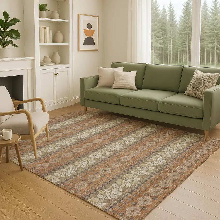 Orange And Beige Striped Washable Indoor Outdoor Area Rug Photo 5