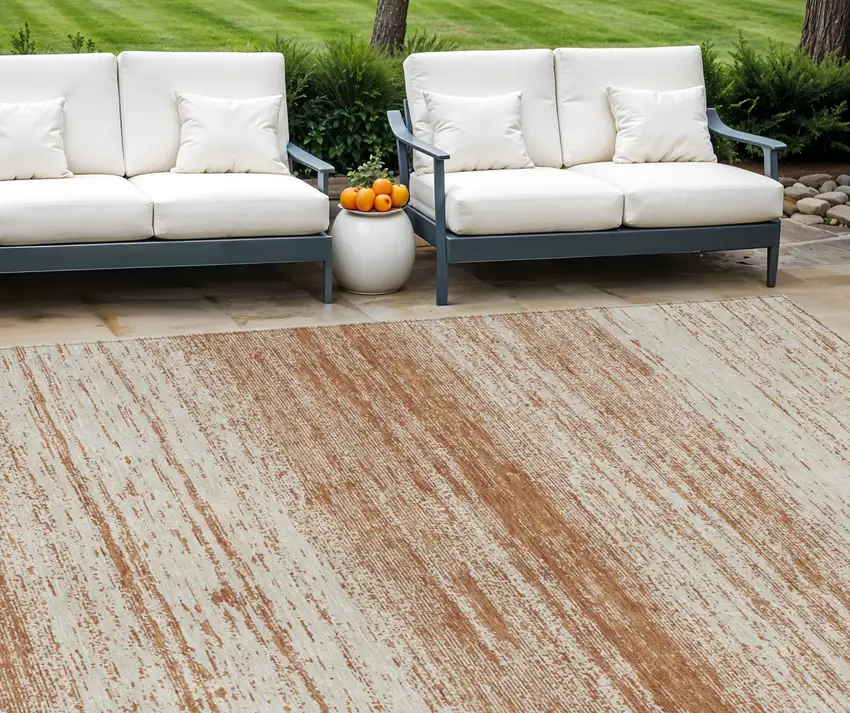 Orange And Beige Striped Washable Indoor Outdoor Area Rug Photo 1