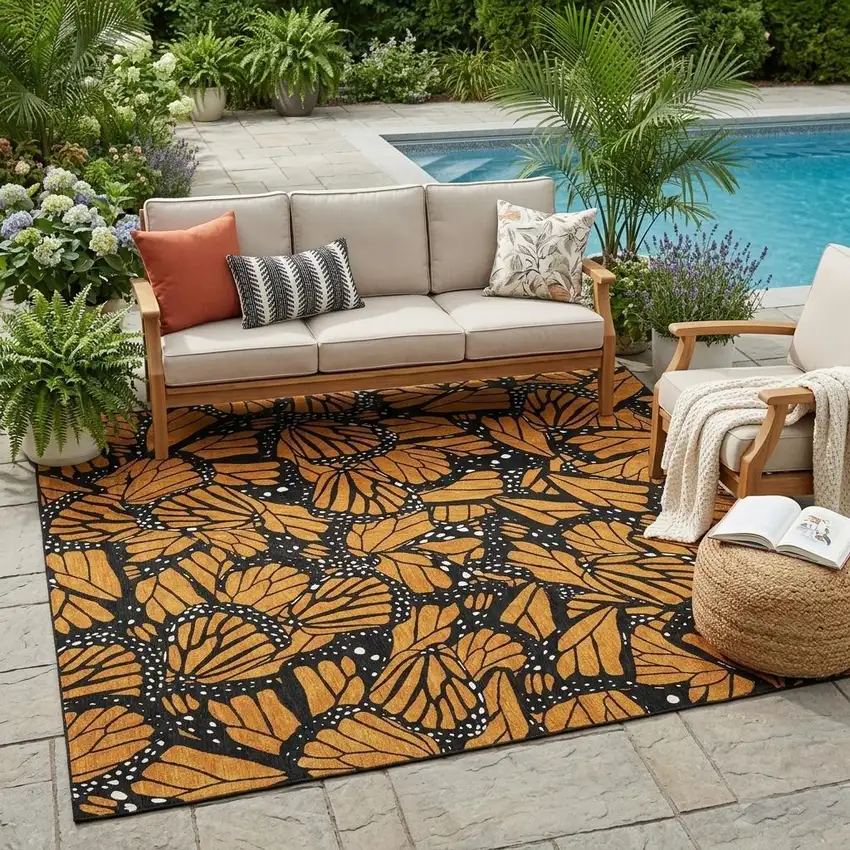 Orange And Black Animal Print Washable Indoor Outdoor Area Rug Photo 1