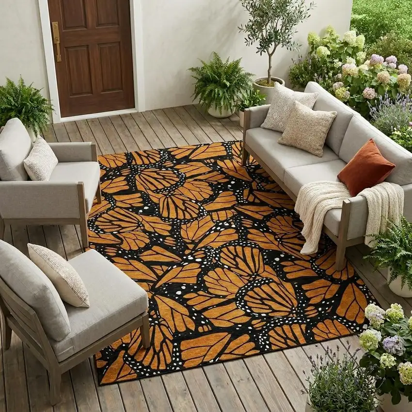 Orange And Black Animal Print Washable Indoor Outdoor Area Rug Photo 1