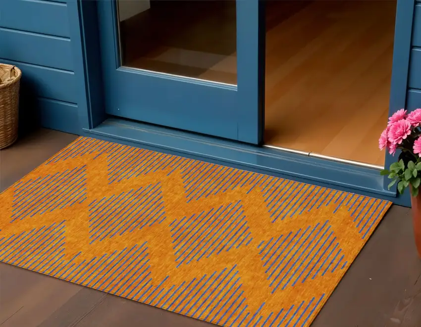 Orange And Blue Geometric Washable Indoor Outdoor Area Rug Photo 1