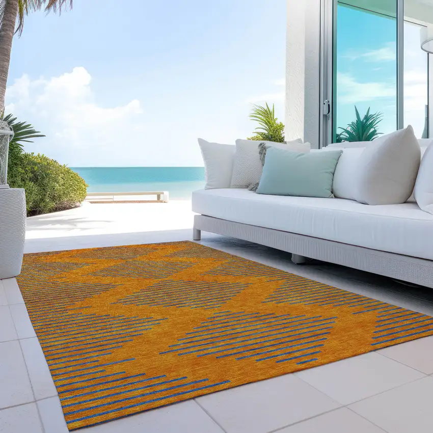 Orange And Blue Geometric Washable Indoor Outdoor Area Rug Photo 9