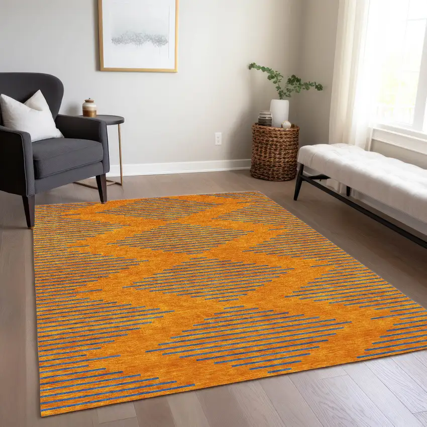 Orange And Blue Geometric Washable Indoor Outdoor Area Rug Photo 9