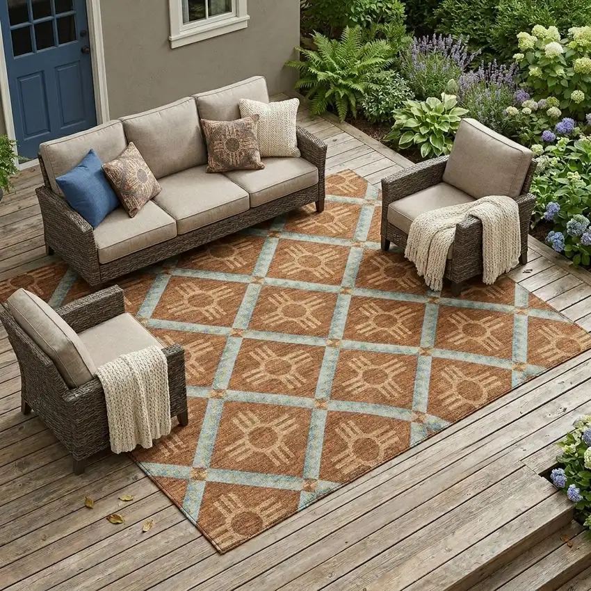 Orange And Blue Geometric Washable Indoor Outdoor Area Rug Photo 1