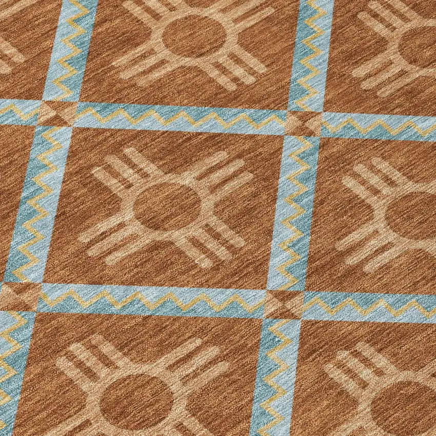 Orange And Blue Geometric Washable Indoor Outdoor Area Rug Photo 7