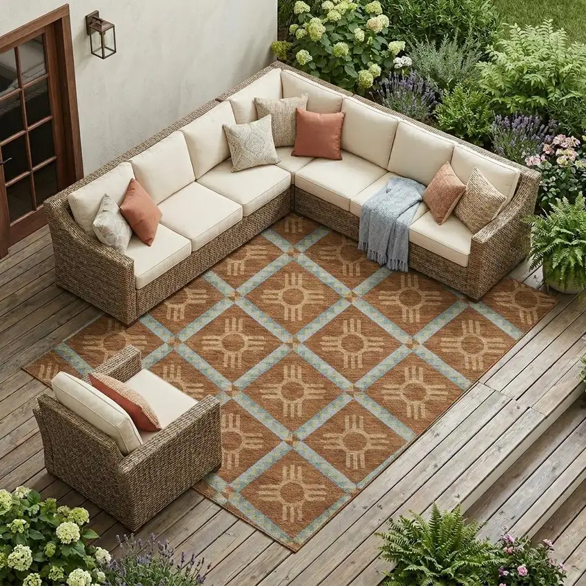 Orange And Blue Geometric Washable Indoor Outdoor Area Rug Photo 1