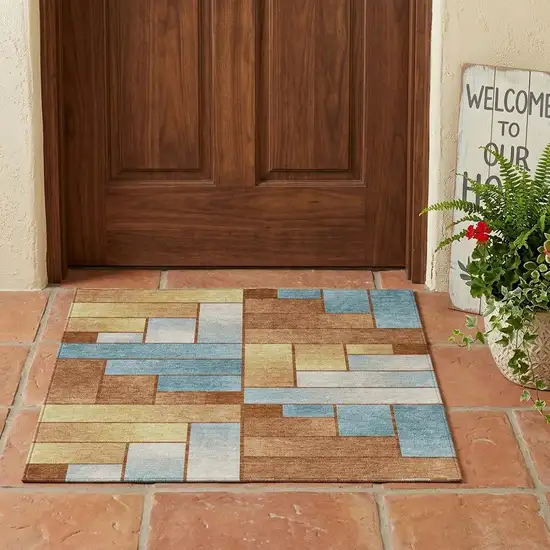 Orange And Blue Geometric Washable Indoor Outdoor Area Rug Photo 1