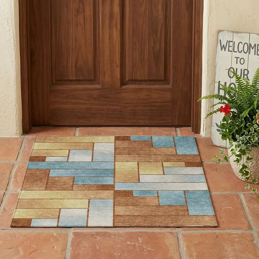 Orange And Blue Geometric Washable Indoor Outdoor Area Rug Photo 1