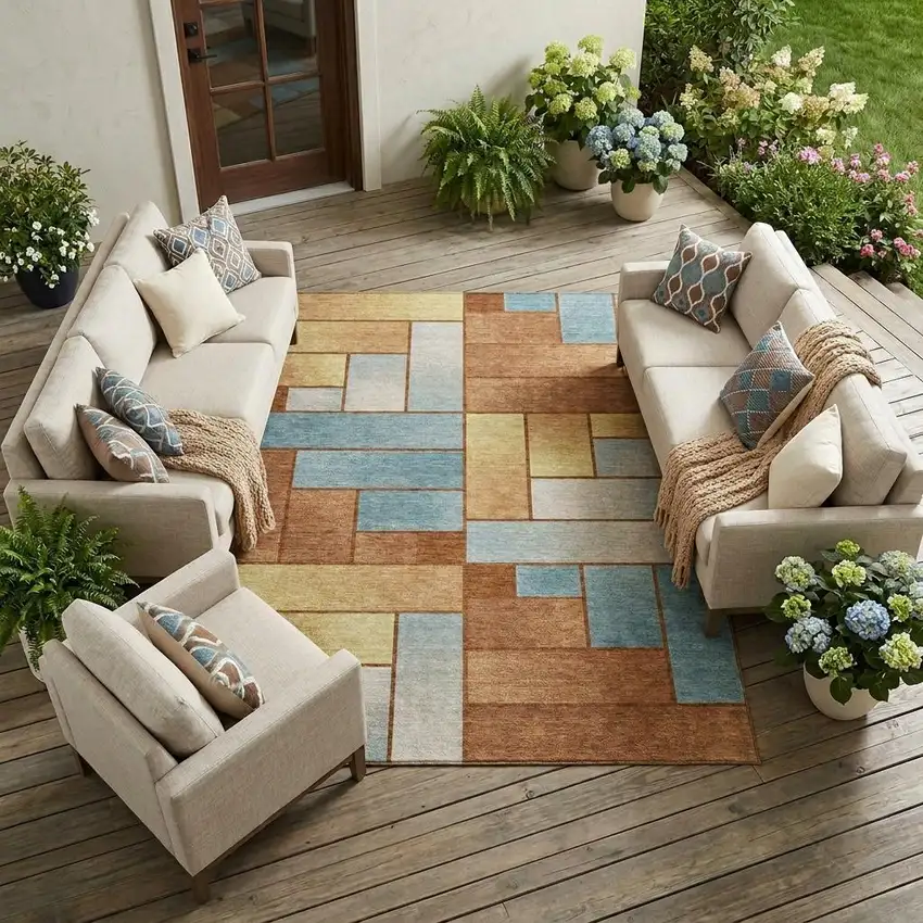 Orange And Blue Geometric Washable Indoor Outdoor Area Rug Photo 1