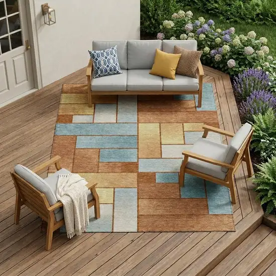 Orange And Blue Geometric Washable Indoor Outdoor Area Rug Photo 1