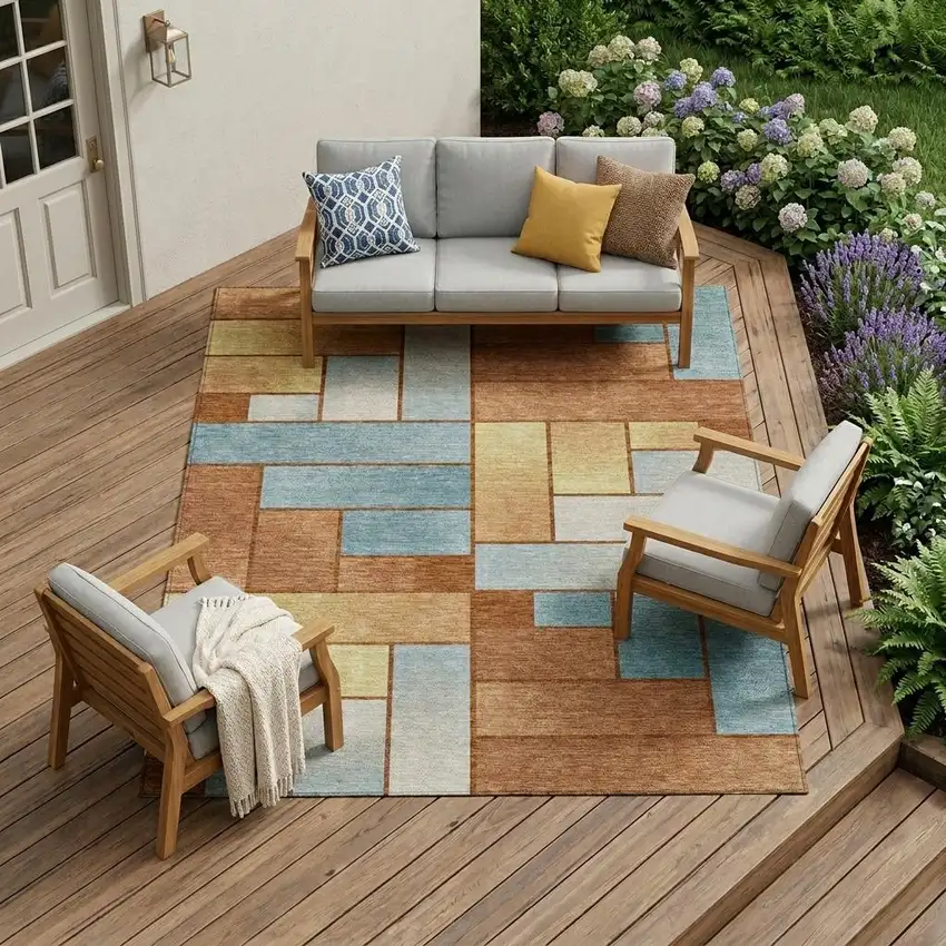 Orange And Blue Geometric Washable Indoor Outdoor Area Rug Photo 1