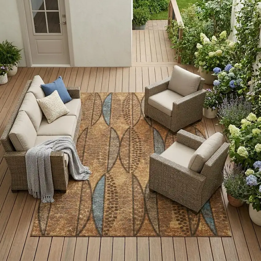 Orange And Blue Geometric Washable Indoor Outdoor Area Rug Photo 1
