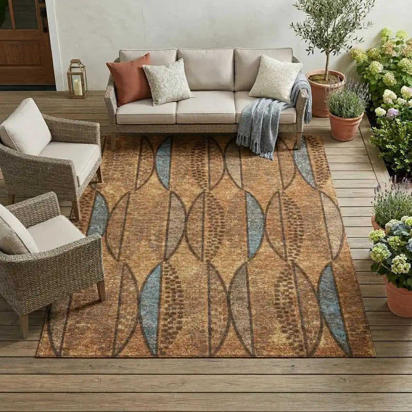 Orange And Blue Geometric Washable Indoor Outdoor Area Rug Photo 1