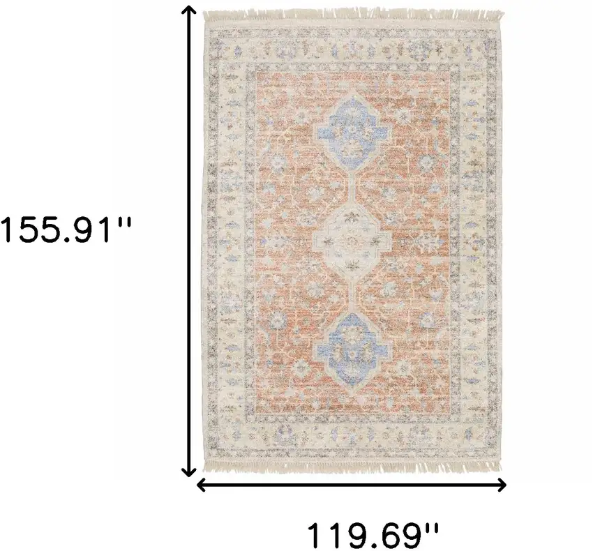 Orange And Blue Oriental Hand Loomed Stain Resistant Area Rug With Fringe Photo 10